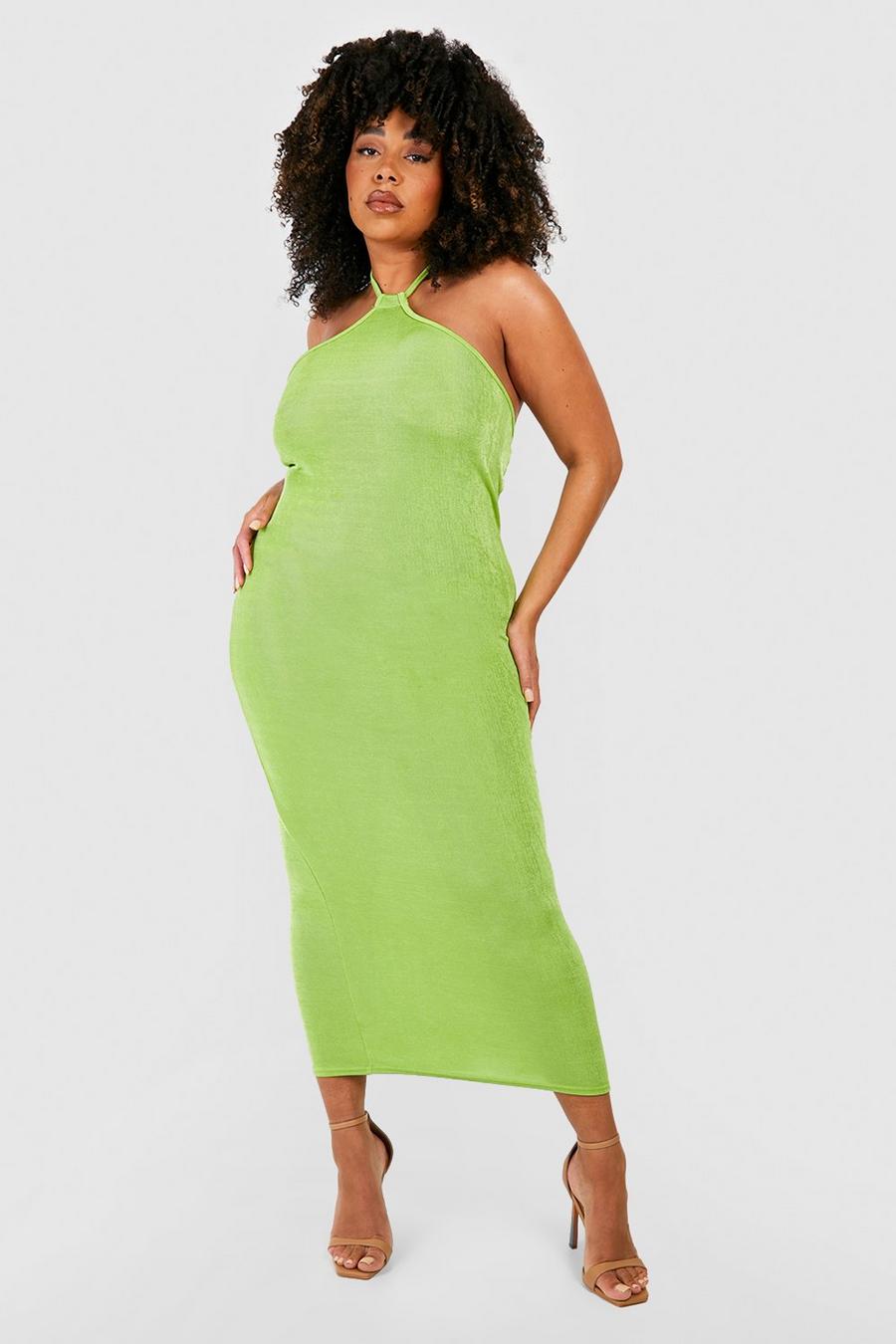 Lime green Plus Acetate Halterneck Midaxi Dress image number 1