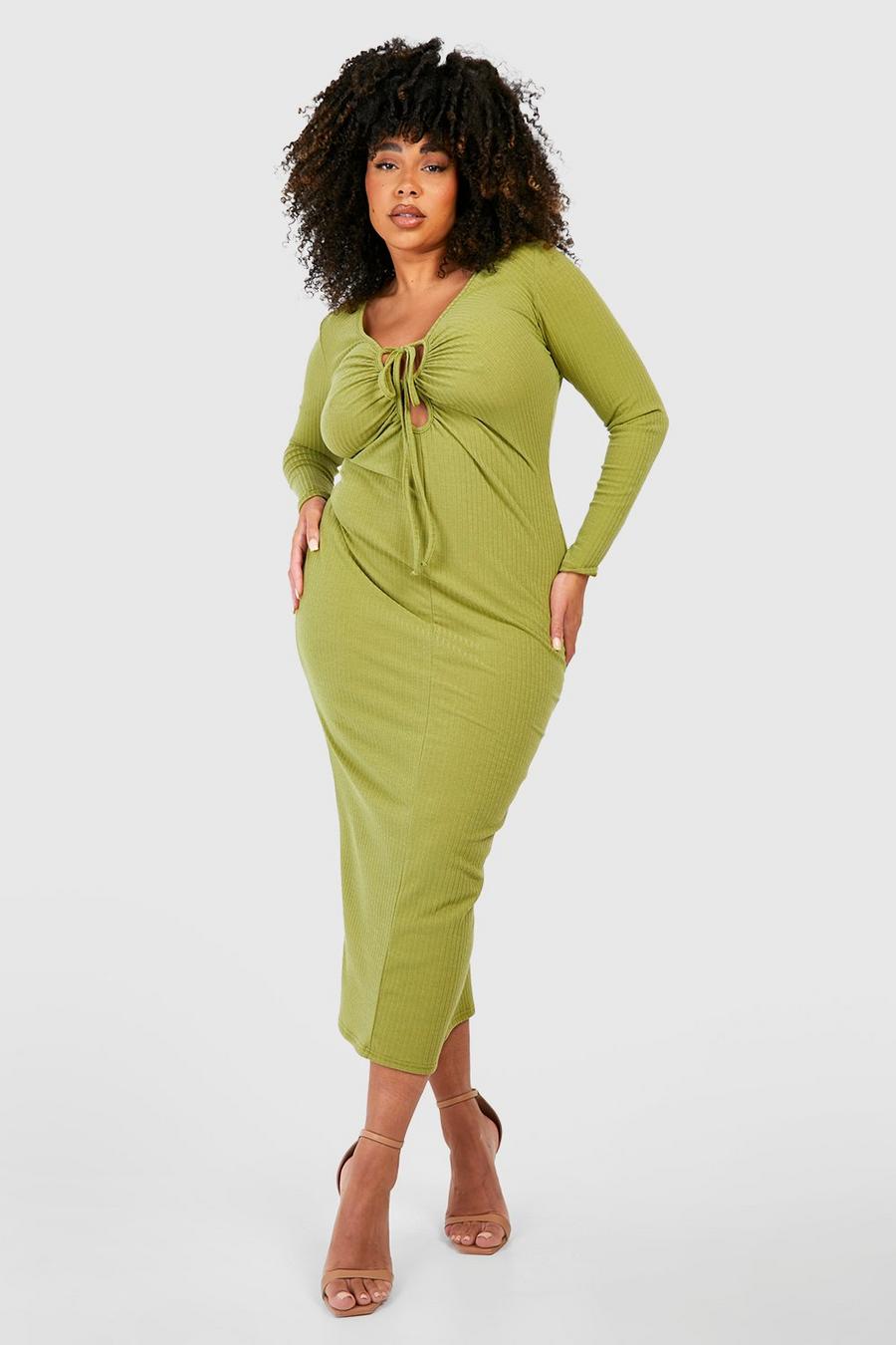 Olive green Plus Rib Cut Out Midaxi Dress