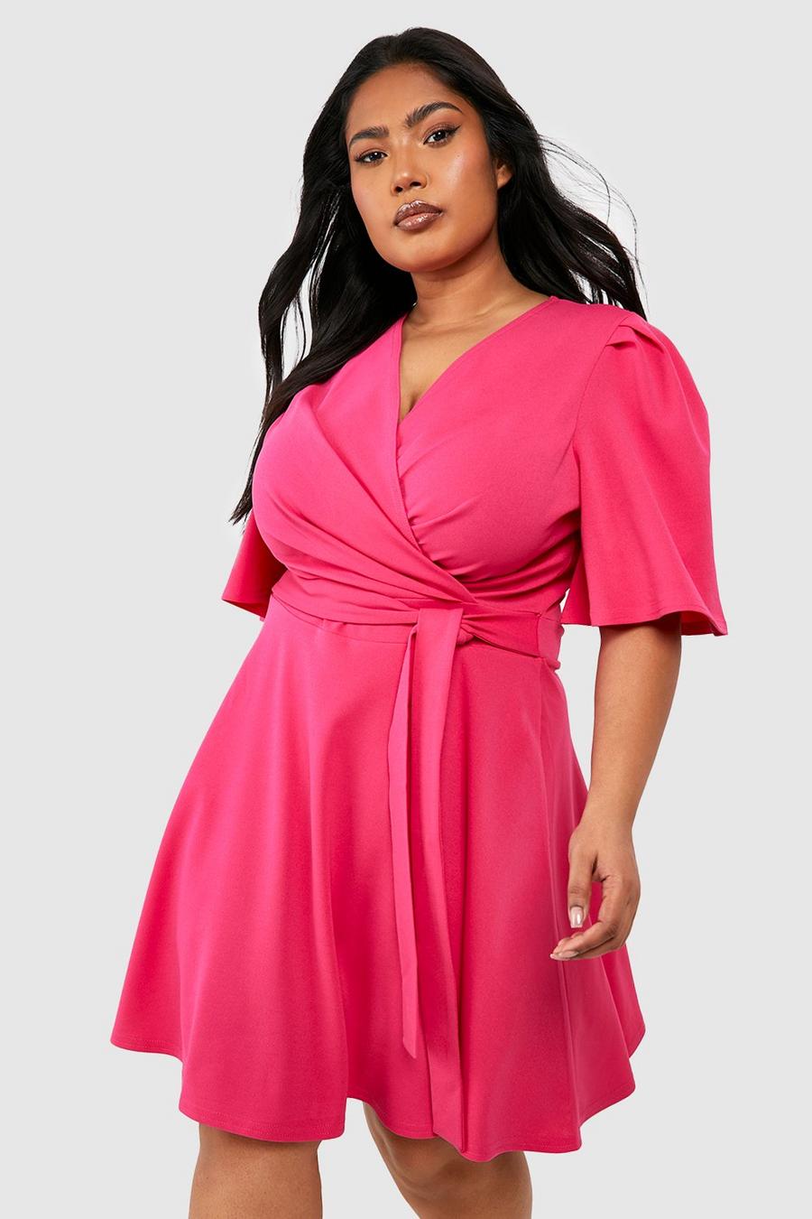 Hot pink rosa Plus Wrap Angel Sleeve Tie Belt Skater Dress