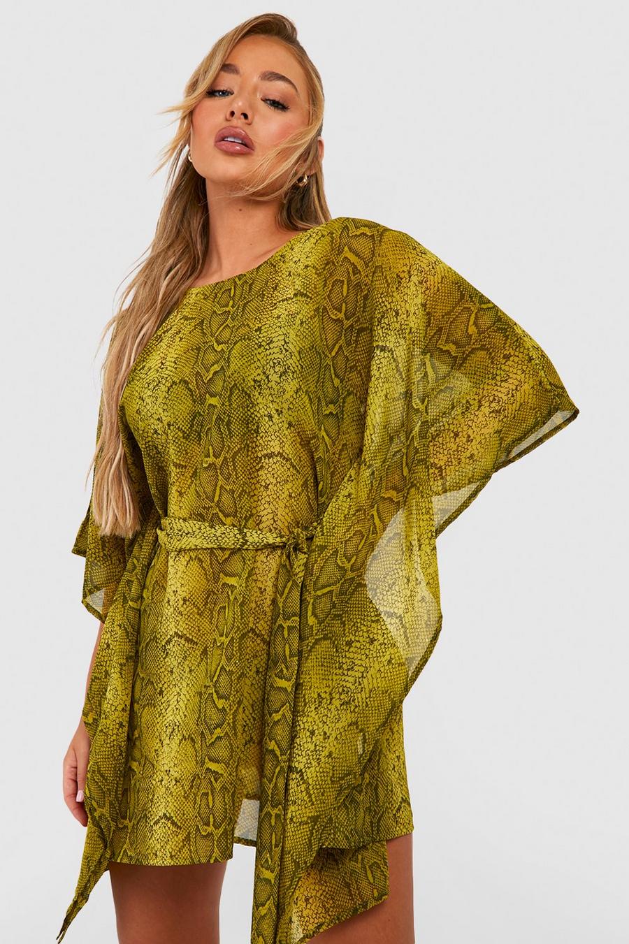 Green Woven Animal Print Belted Maxi Beach Kaftan image number 1