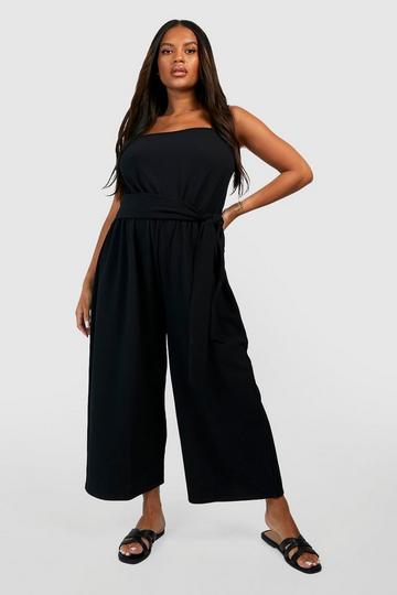 Plus Crinkle Rib Tie Waist Culotte Jumpsuit black