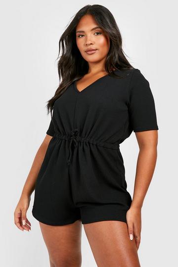 Plus Crinkle Rib V Neck Romper black