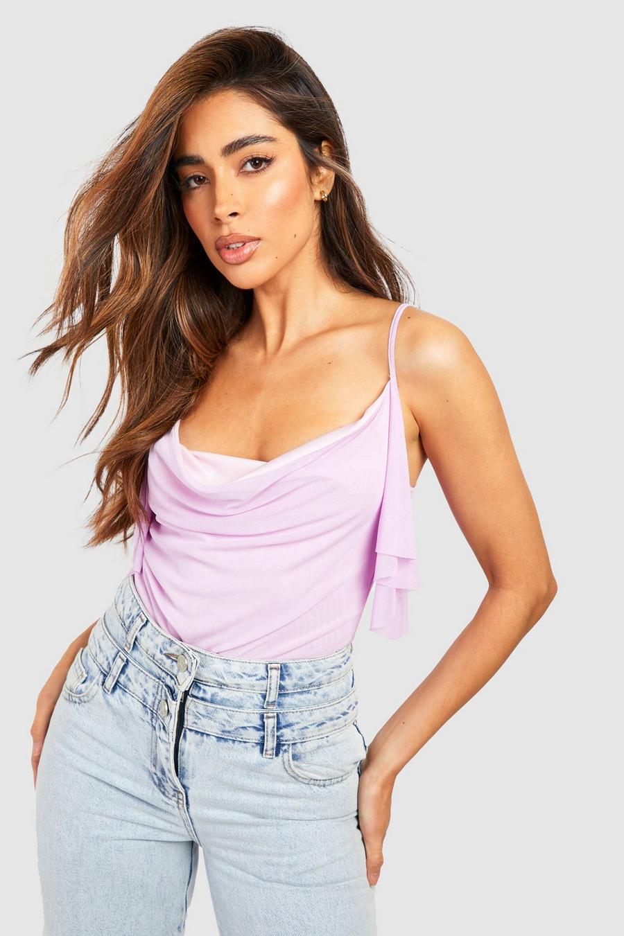 Lilac Flared Detail Mesh Strappy Bodysuit image number 1