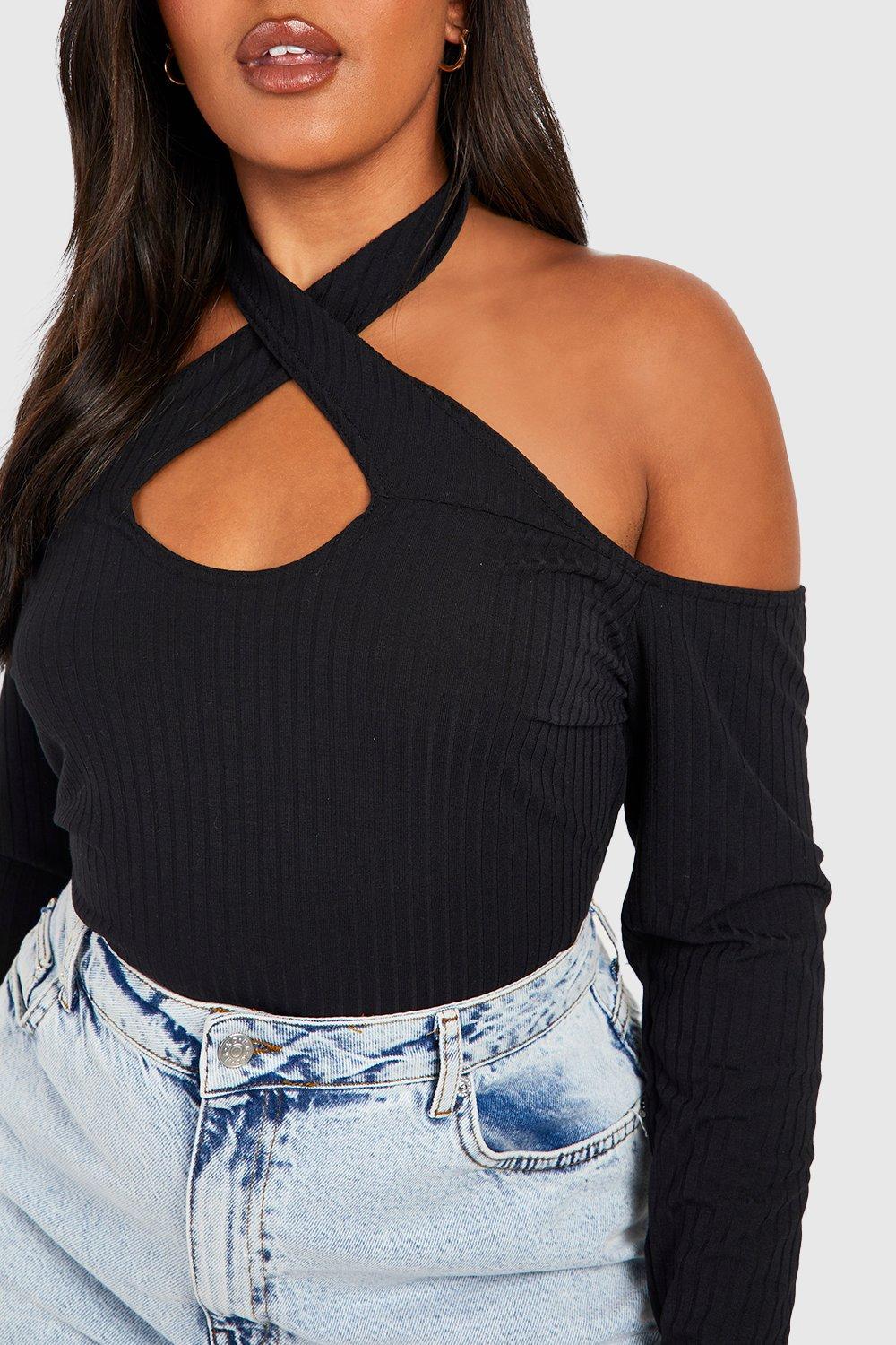 Black Plus Cross Over Cold Shoulder Rib Top