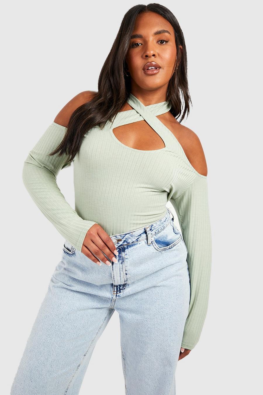 Sage green Plus Cross Over Cold Shoulder Rib Top