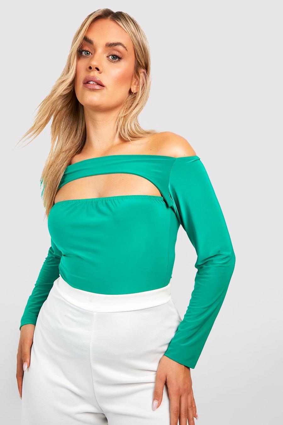 Body Plus Size con scollo Bardot e cut-out, Green image number 1