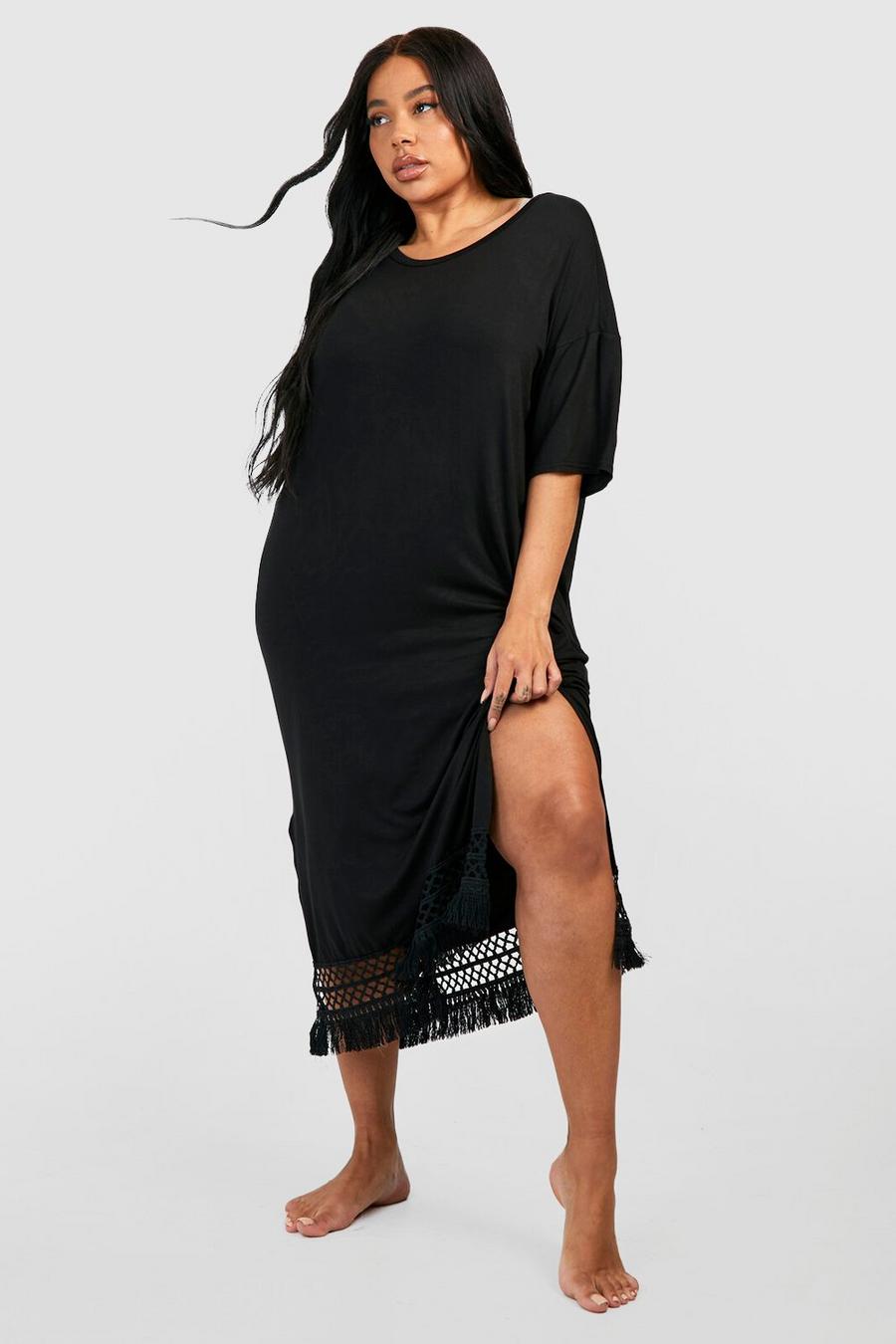 Black Plus Crochet Tassel Hem Midaxi Beach Dress image number 1