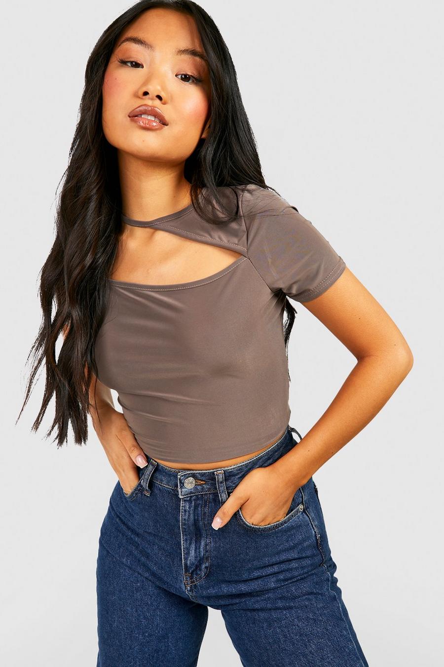 Mocha Petite Cut Out Short Sleeve Top image number 1
