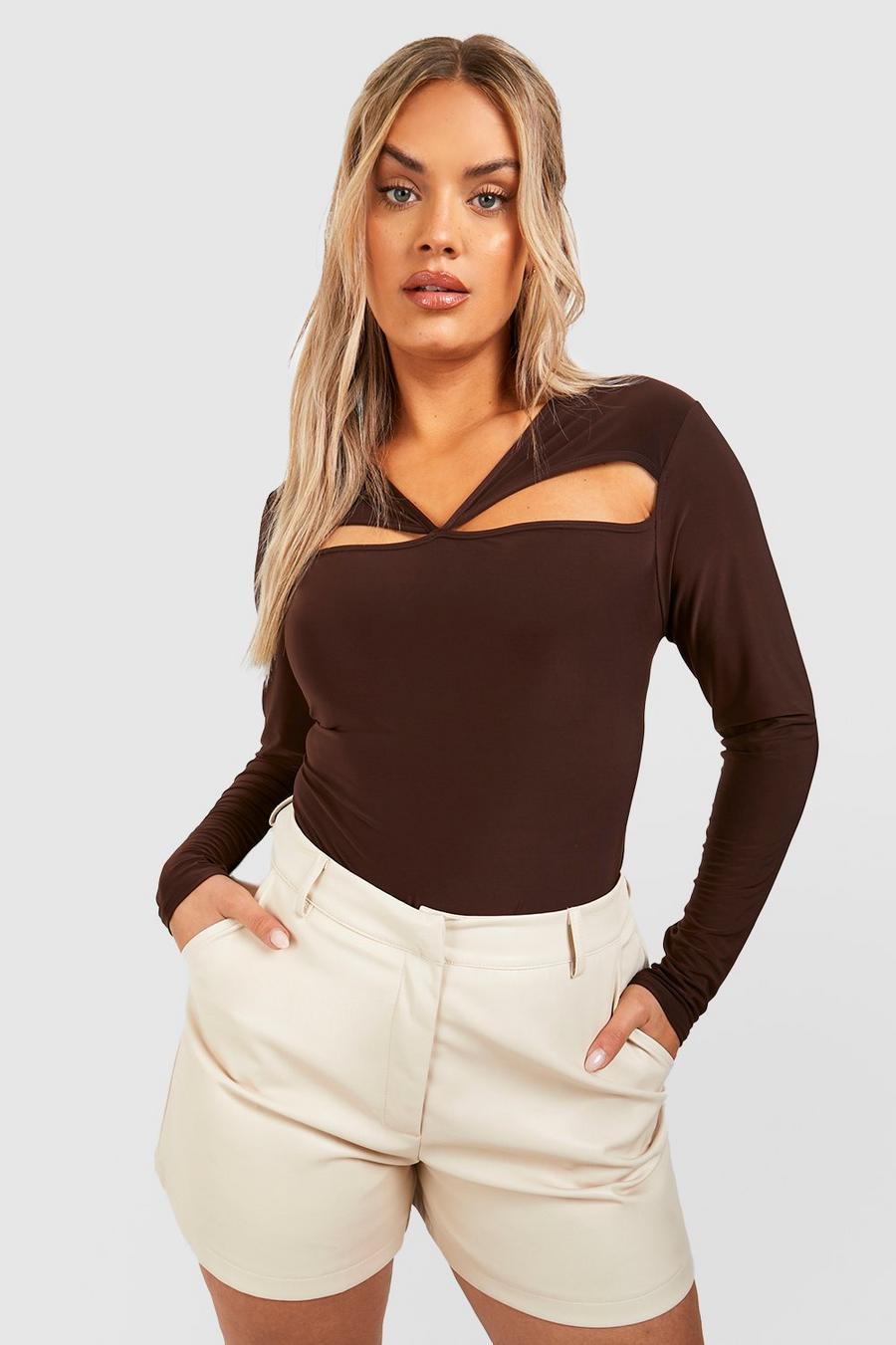 Chocolate Plus Cut Out Long Sleeve Bodysuit image number 1