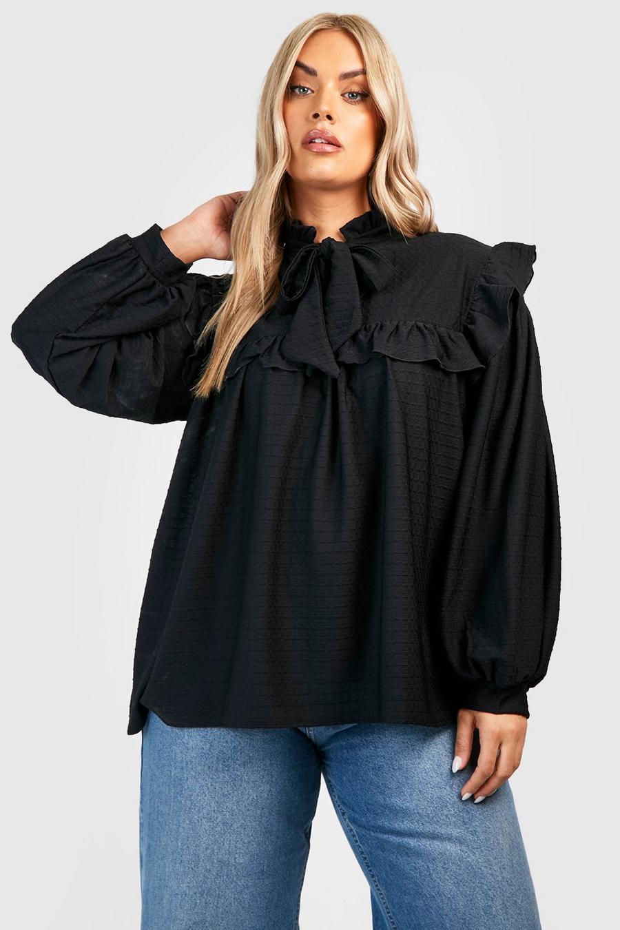 Black Plus Pussybow Crinkle Blouse  image number 1