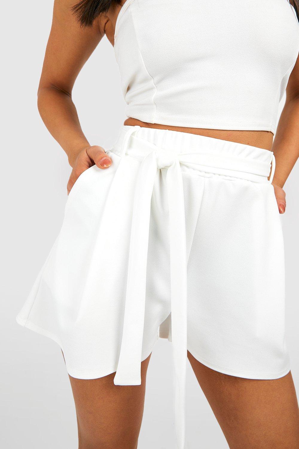 White high waisted belted on sale shorts