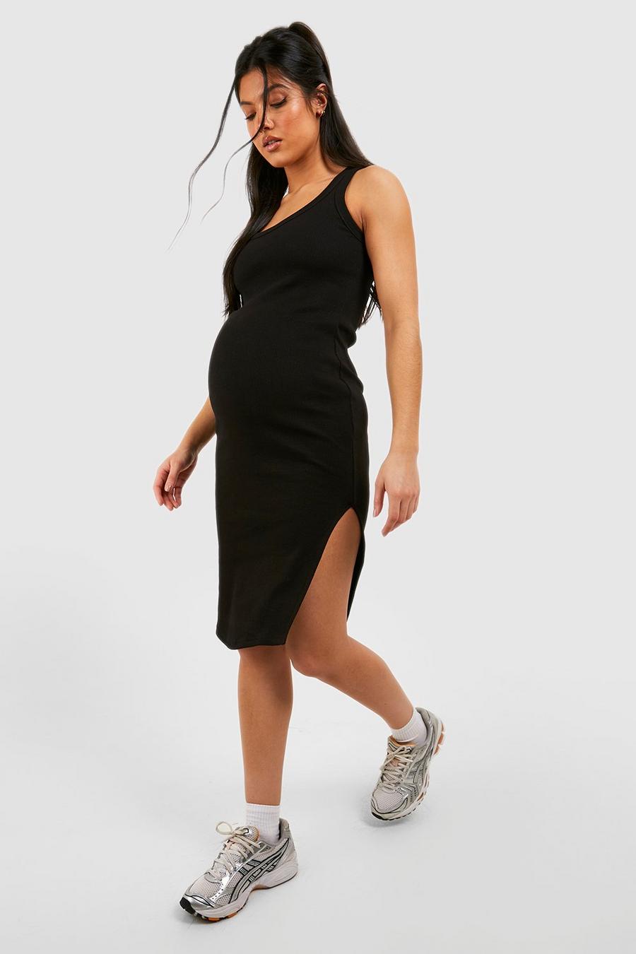 Black negro Maternity Premium Rib Split Midi Dress