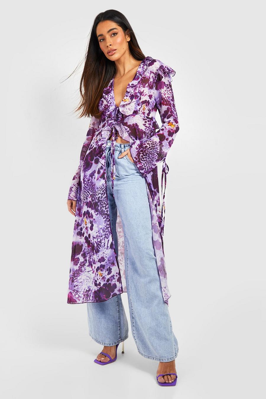 Purple Floral Print Frill Kimono 