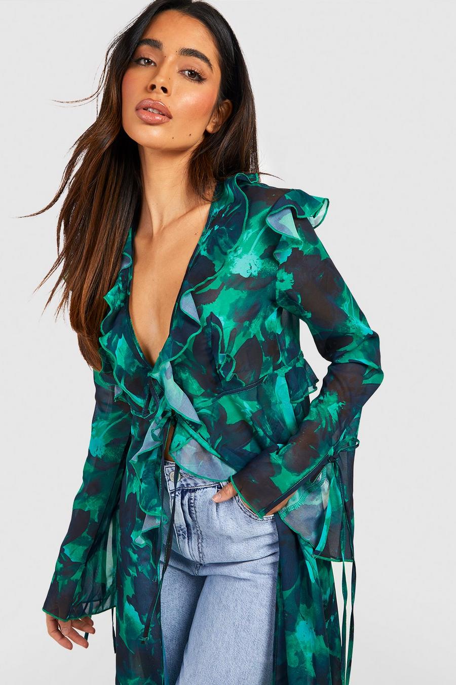 Green Abstract Floral Print Frill Kimono image number 1