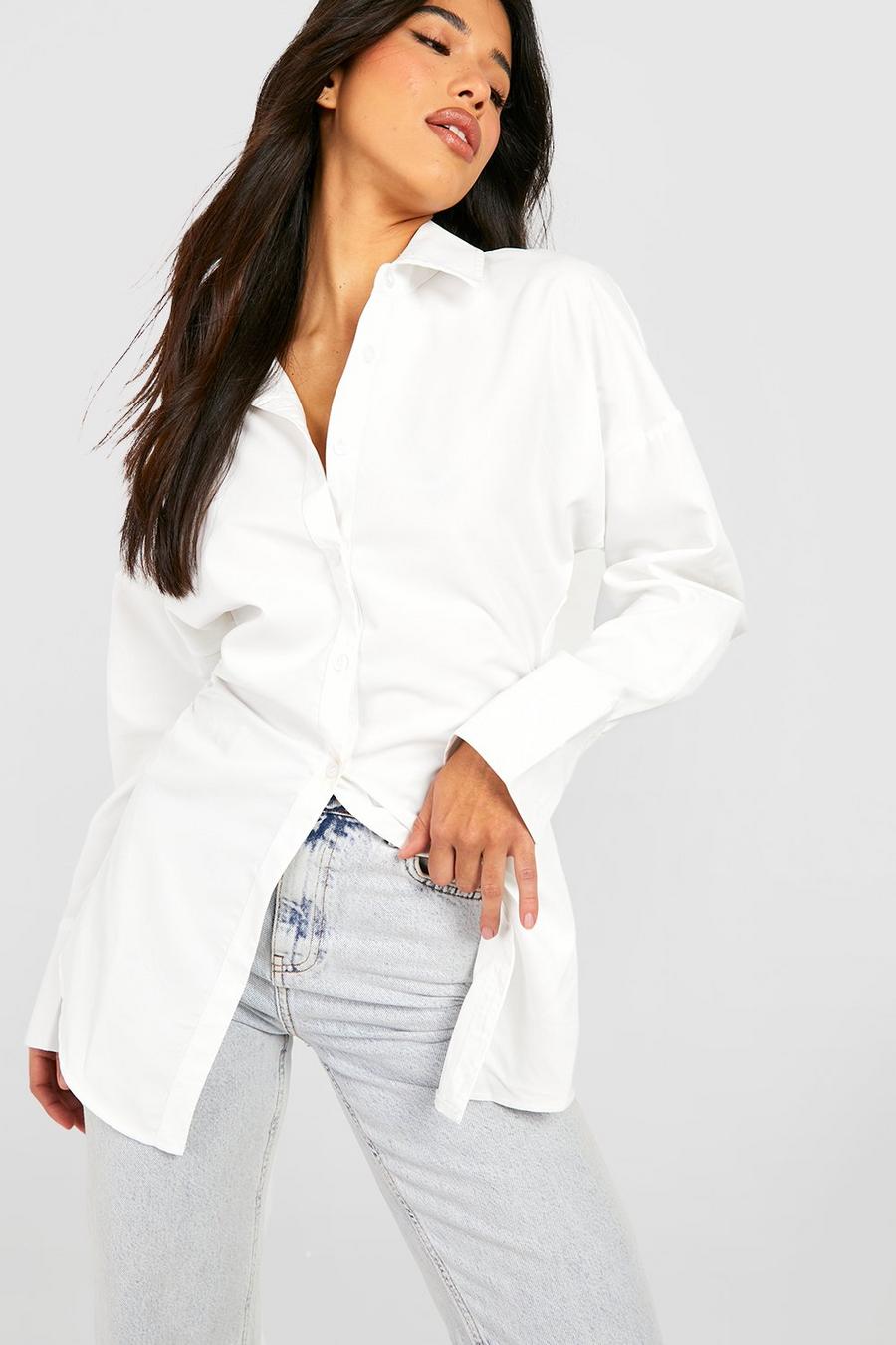 White Tall Skjorta med rynkade detaljer och slits