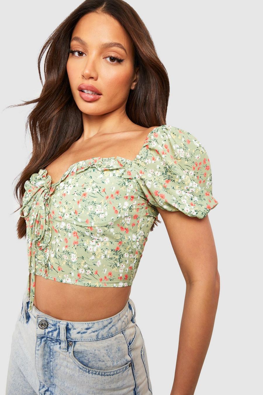 Sage Tall Floral Lace Up Corset Style Crop Top image number 1