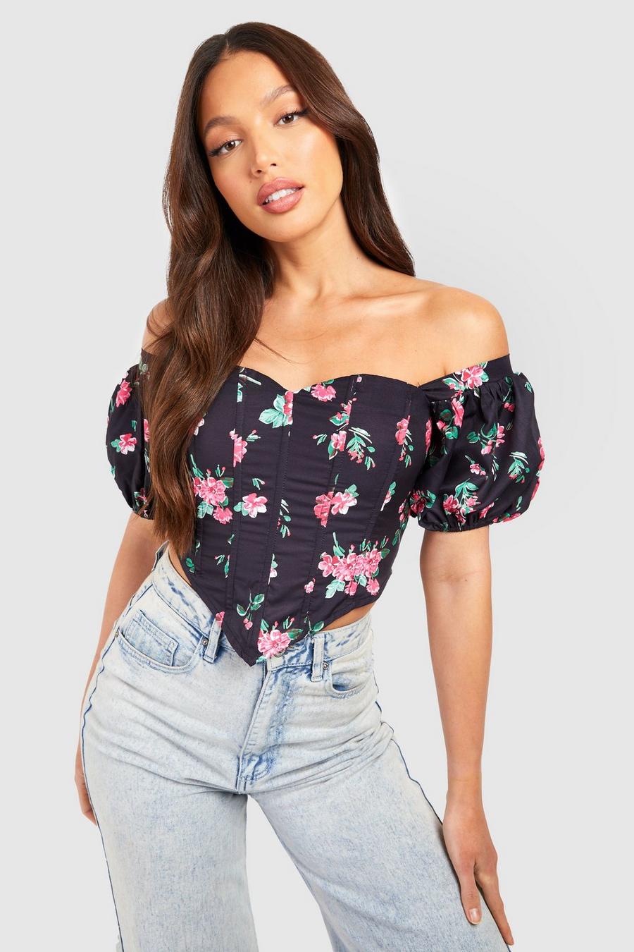 Black Tall Woven Boned Off The Shoulder Floral Corset Top