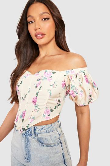 Tall Woven Boned Off The Shoulder Floral Corset Top yellow
