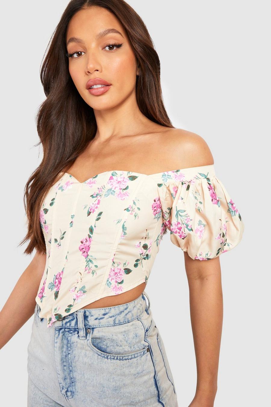 Yellow Tall Woven Boned Off The Shoulder Floral Corset Top image number 1