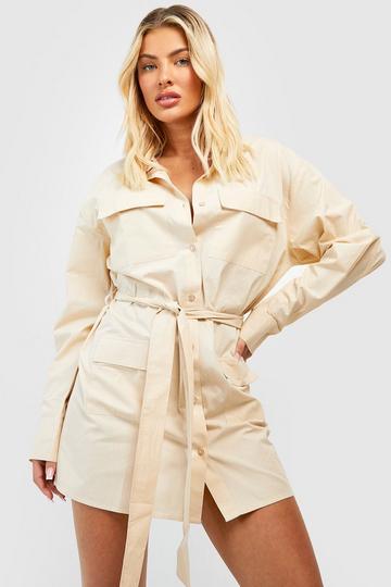 Oversized Utility Tie Belted Shirt Dress stone