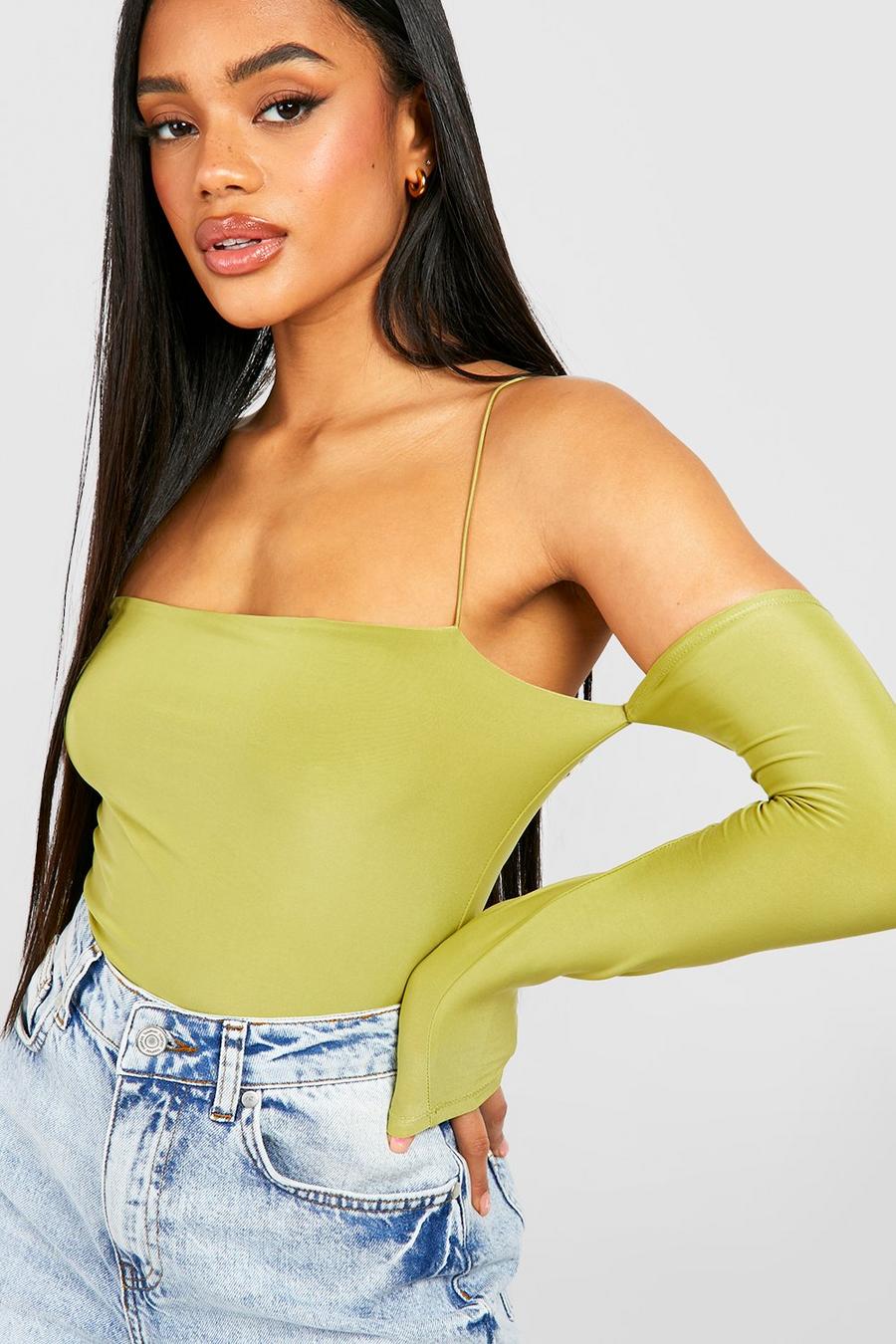Olive Double Layer Slinky Strappy Long Sleeve Top image number 1