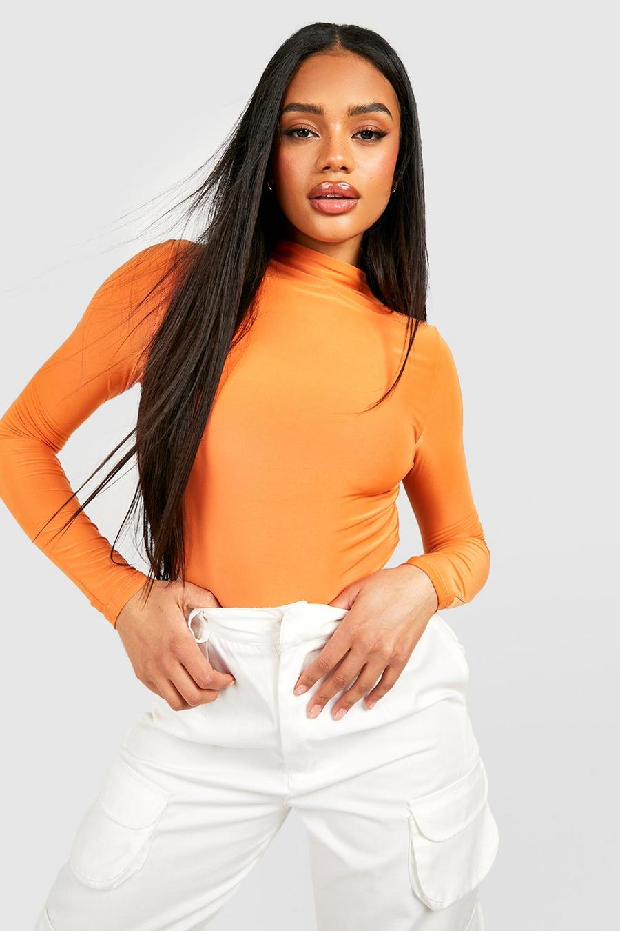 Double Layer Slinky Funnel Neck Long Sleeve Top 