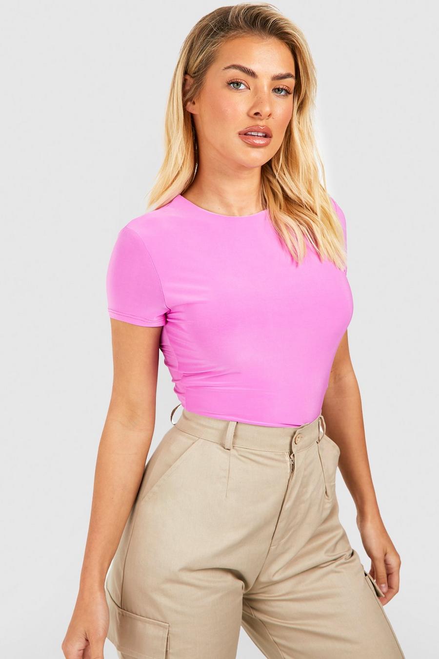 Hot pink Double Layer Slinky Short Sleeve Top  image number 1