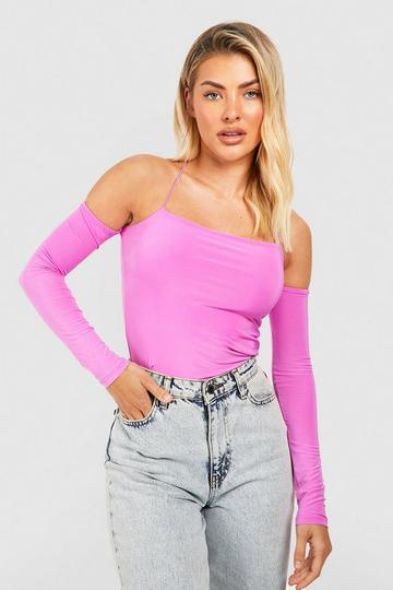 Double Layer Slinky Strappy Long Sleeve Top hot pink