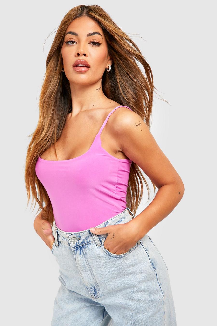 Hot pink Double Layer Slinky Strappy Square Neck Bodysuit