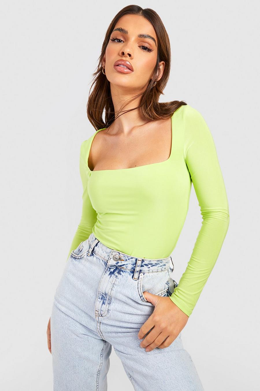 Lime Double Layer Slinky Square Neck Long Sleeve Bodysuit 
