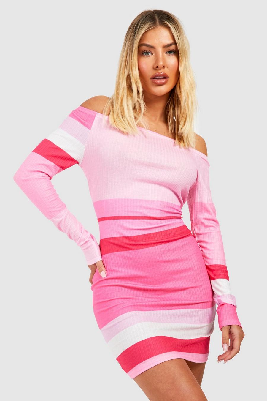 Pink Stripe Soft Rib Off Shoulder Bodycon Dress image number 1