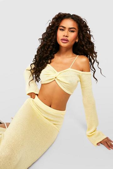 Fine Gauge Strappy Off The Shoulder Top And Maxi Skirt Set lemon