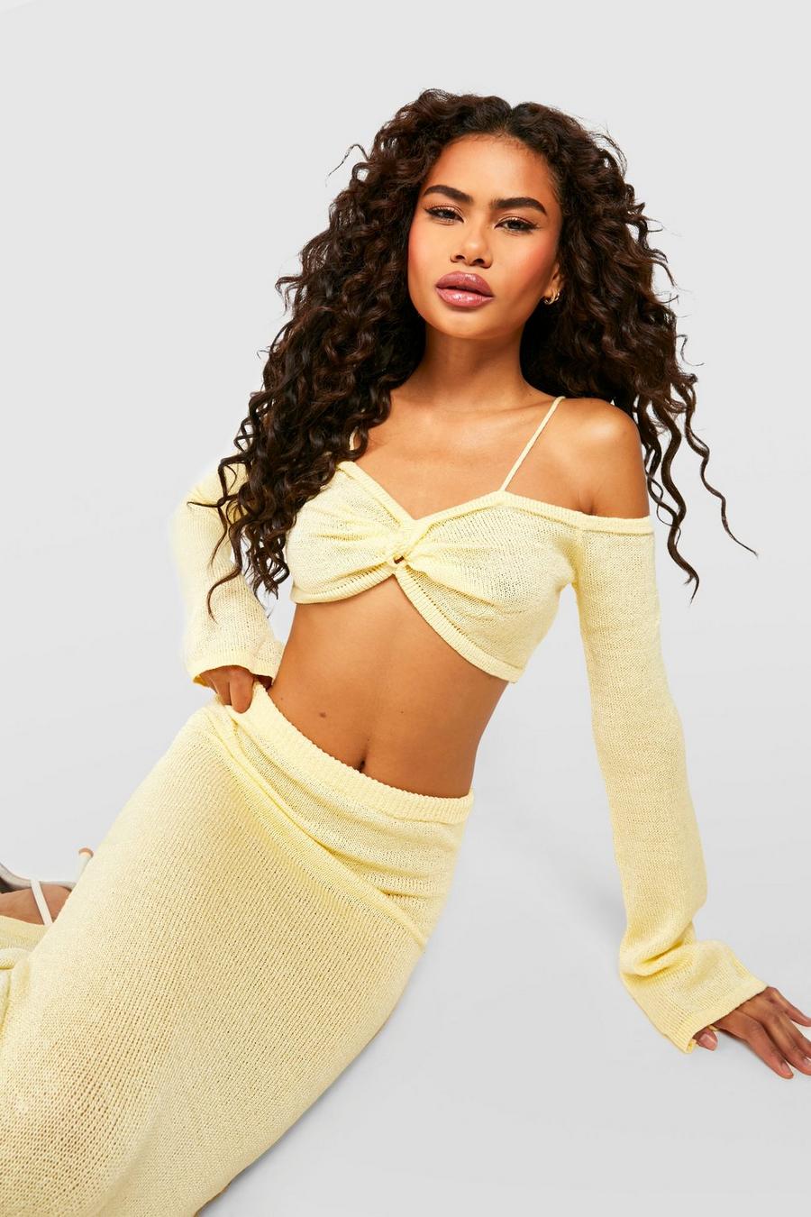 Lemon yellow Fine Gauge Strappy Bardot Top And Maxi Skirt Set