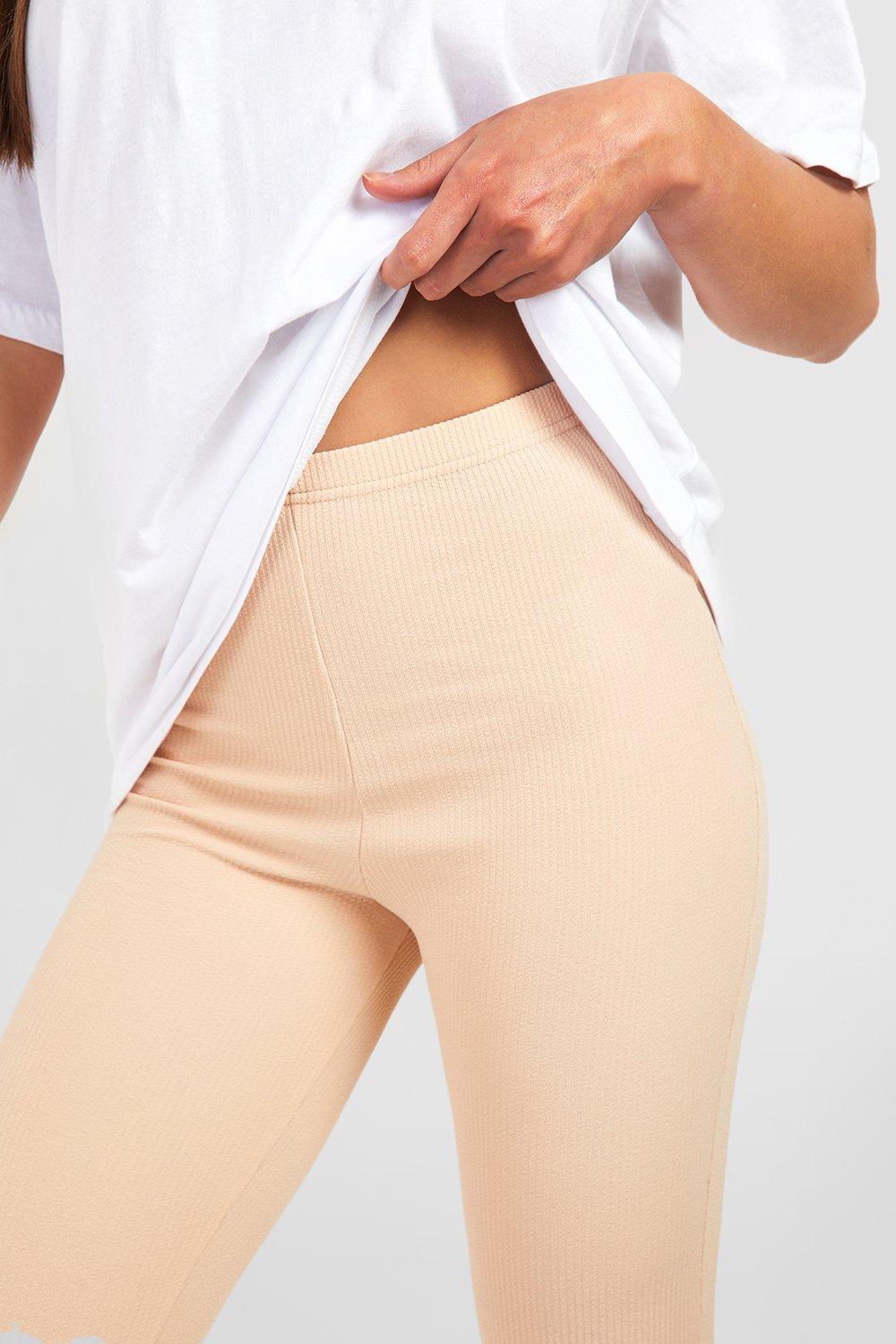 Beige Ribbed High Waisted Leggings, Trousers