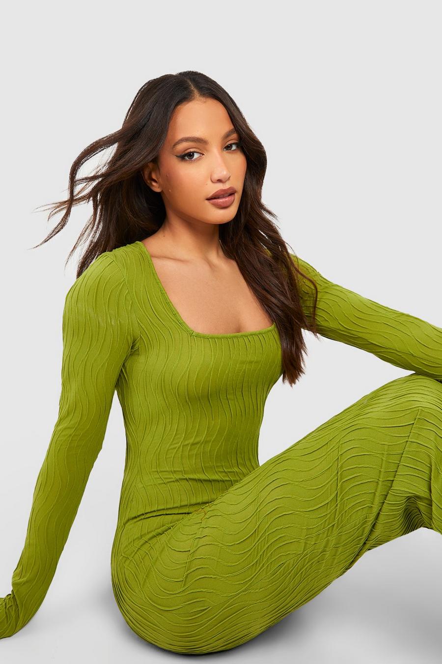 Olive green Tall Wavy Texture Square Neck Midaxi Dress
