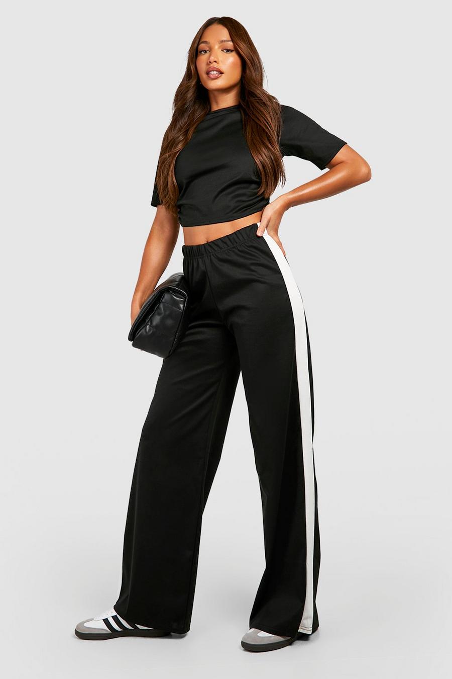 Black Tall Ponte Mid Rise Stripe Side Wide Leg Trousers image number 1