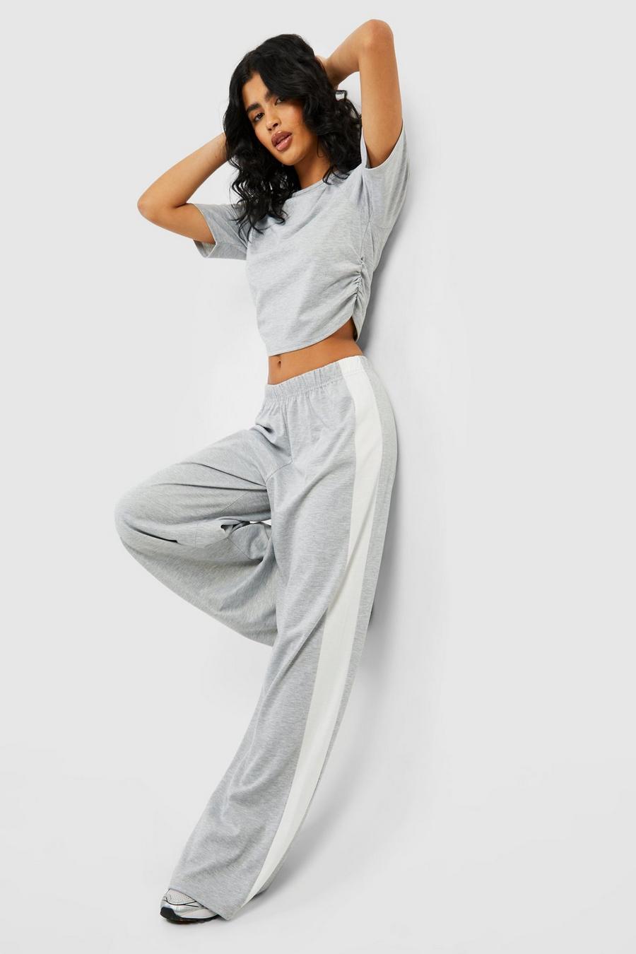 Grey Tall Ponte Mid Rise Stripe Side Wide Leg Trousers image number 1