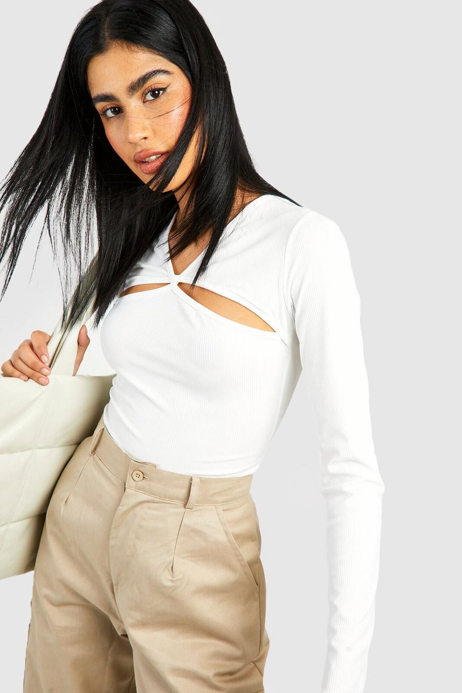 White Tall Cut Out Texture Rib Top image number 1