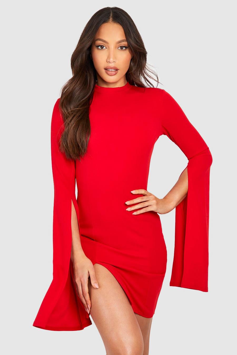 Red röd Tall Kort klänning med slits och holkärm