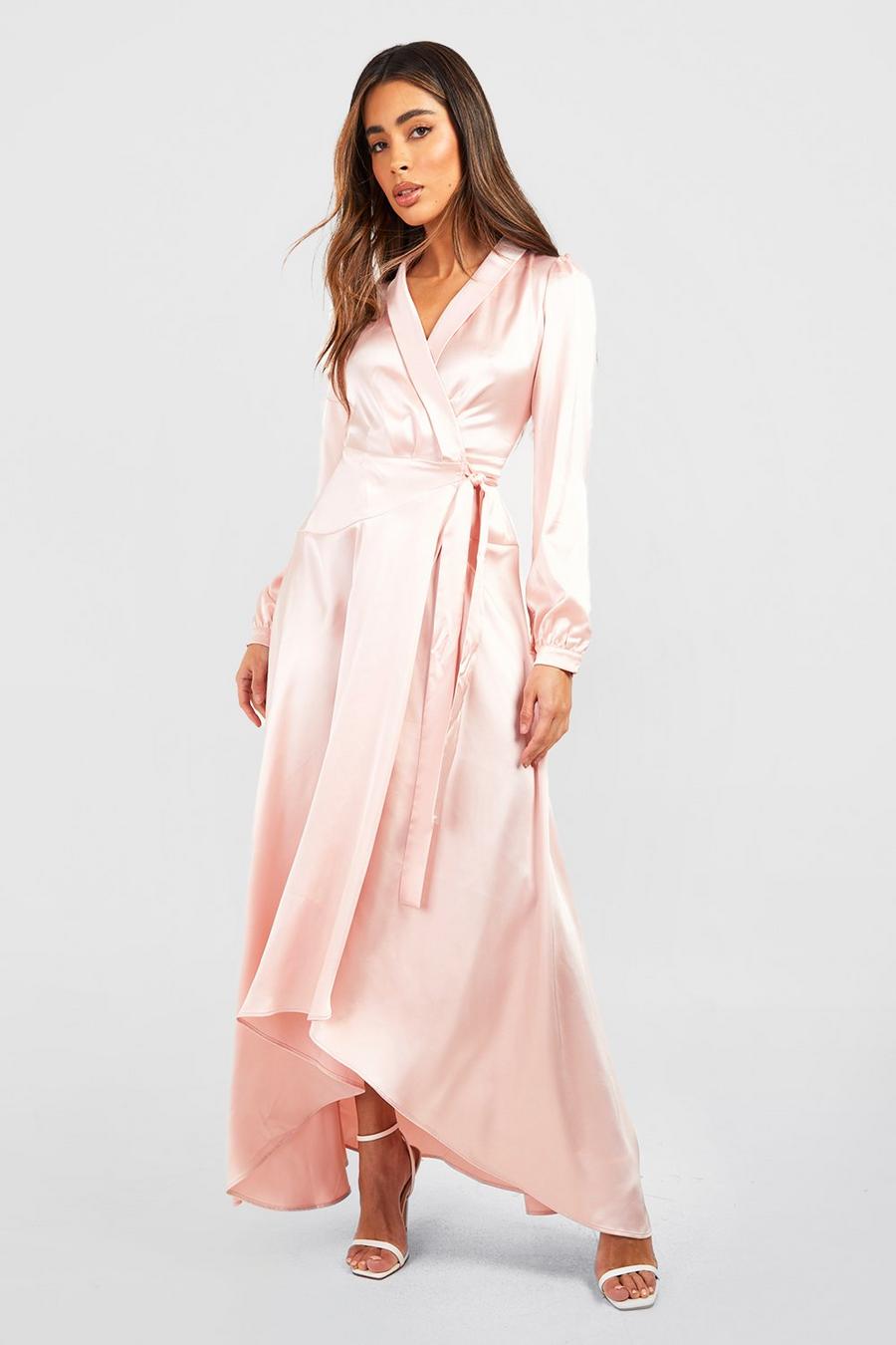 Champagne Satin Wrap Belted Maxi Dress