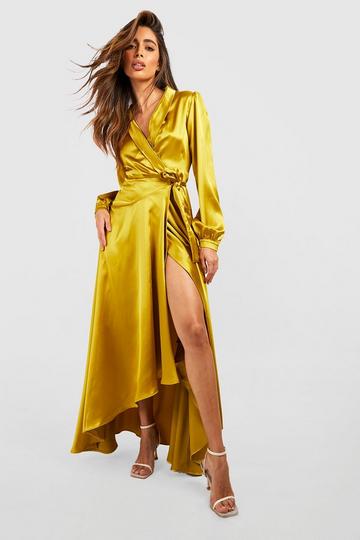 Chartreuse Yellow Satin Wrap Belted Maxi Dress