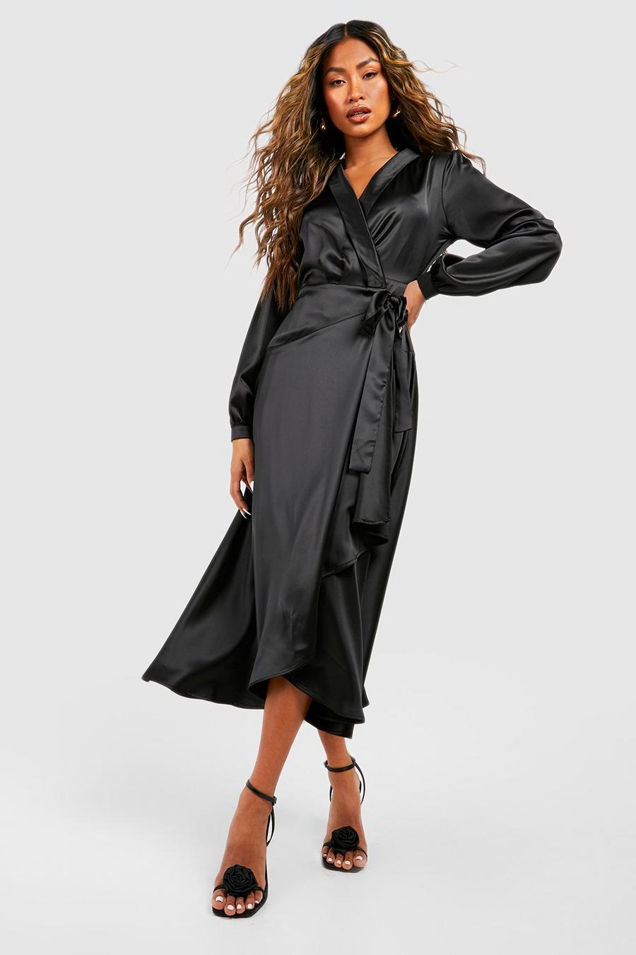 Black Satin Wrap Belted Midi Dress