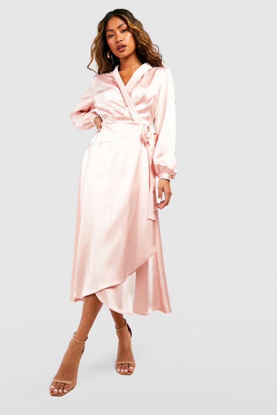 Champagne Satin Wrap Belted Midi Dress image number 1