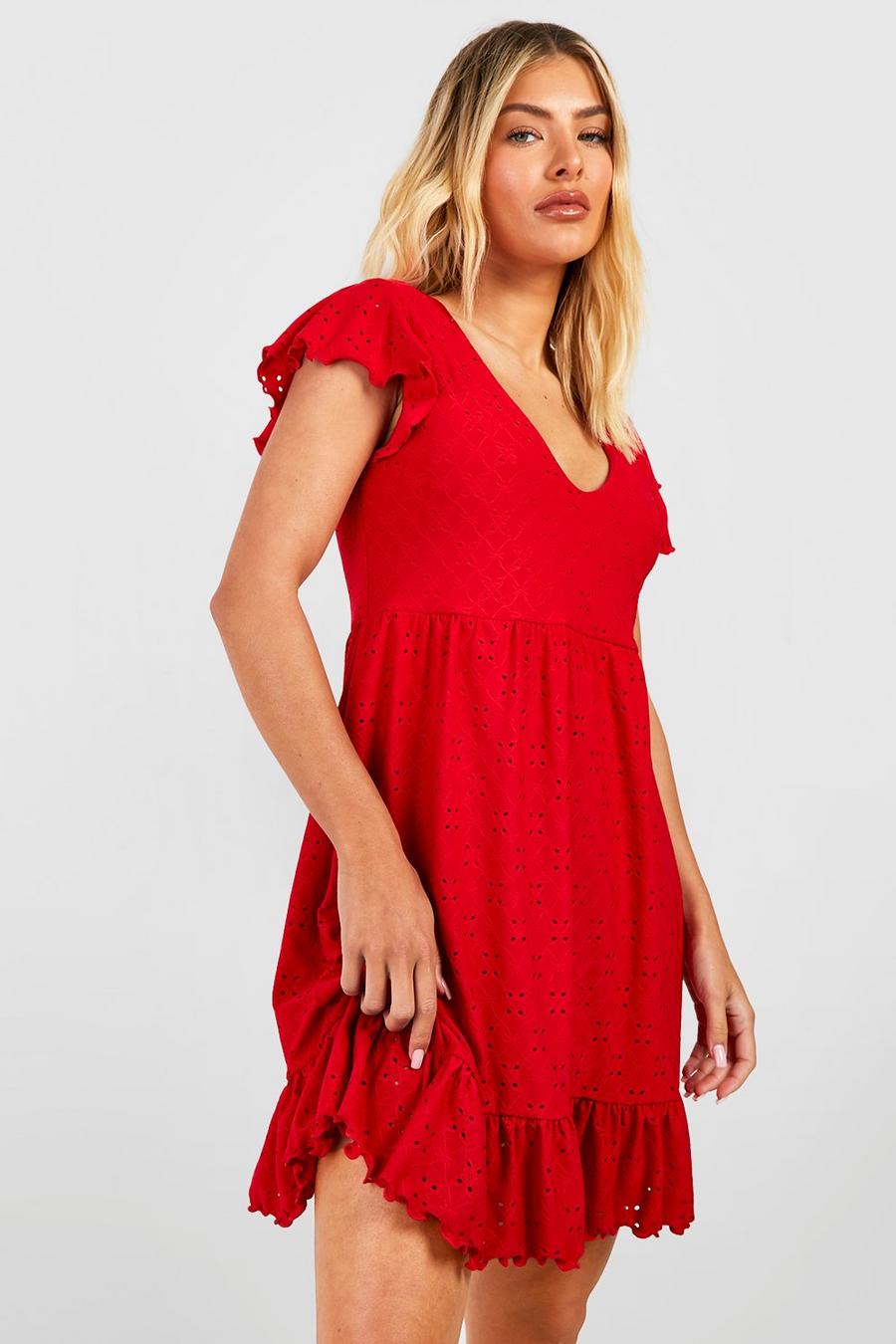 Red Broderie Smock Mini Dress