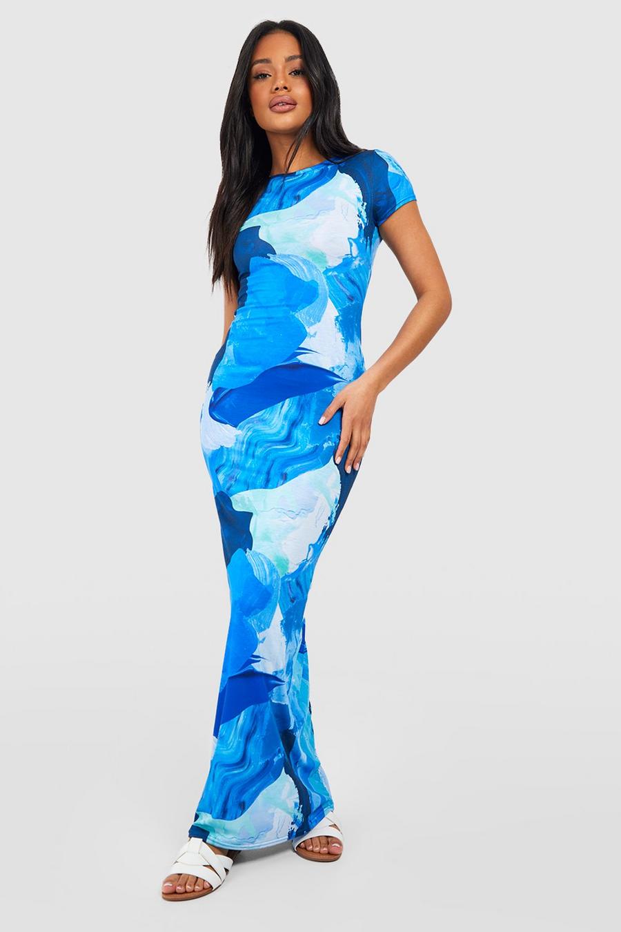 Blue blå Abstract Cap Sleeve Maxi Dress