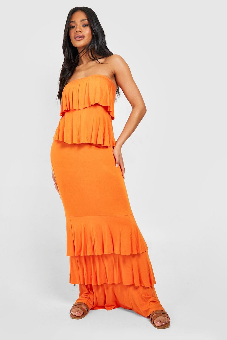 Orange Ruffle Tiered Bandeau Maxi Dress image number 1