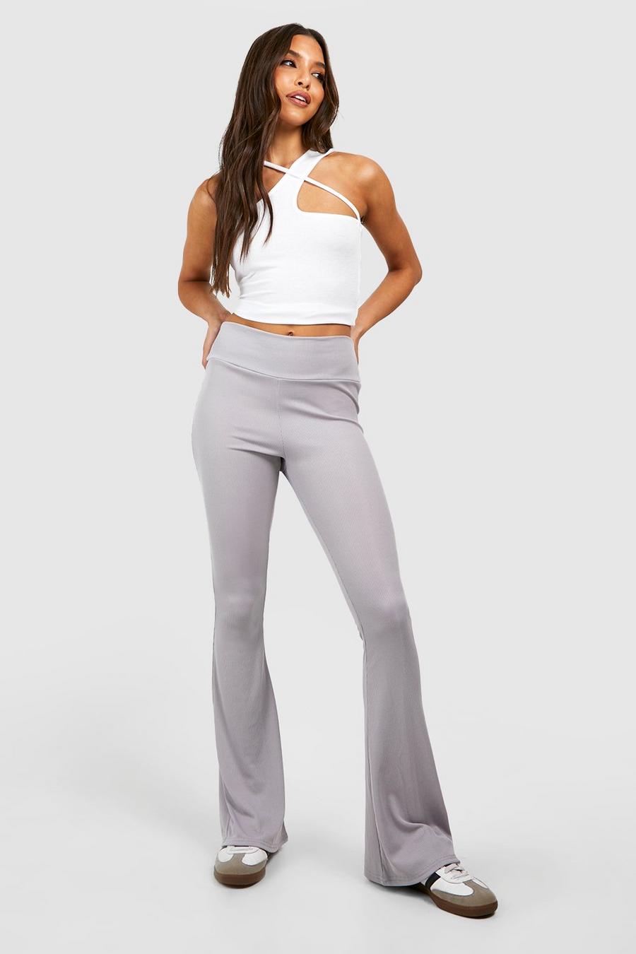 Grey Ribbed Flared Trousers