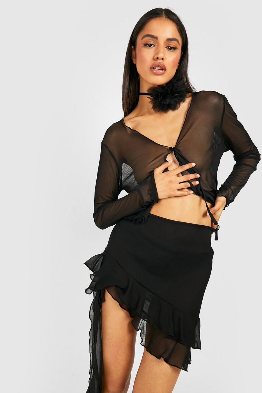 Minigonna semi-trasparente drappeggiata con arricciature, Black