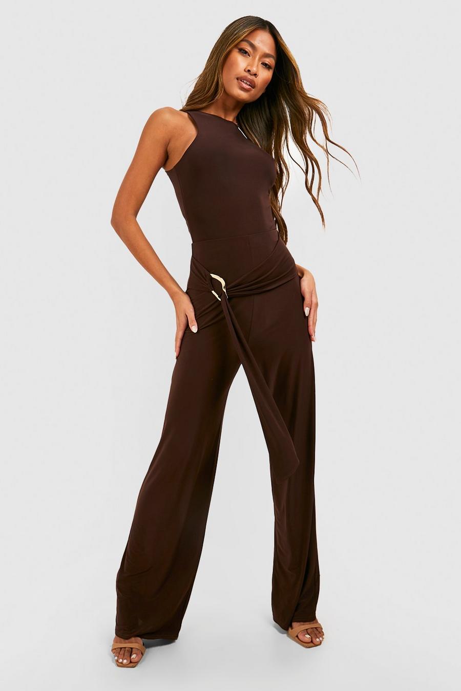 Chocolate O Ring Draped Belt Slinky Wide Leg Trousers image number 1