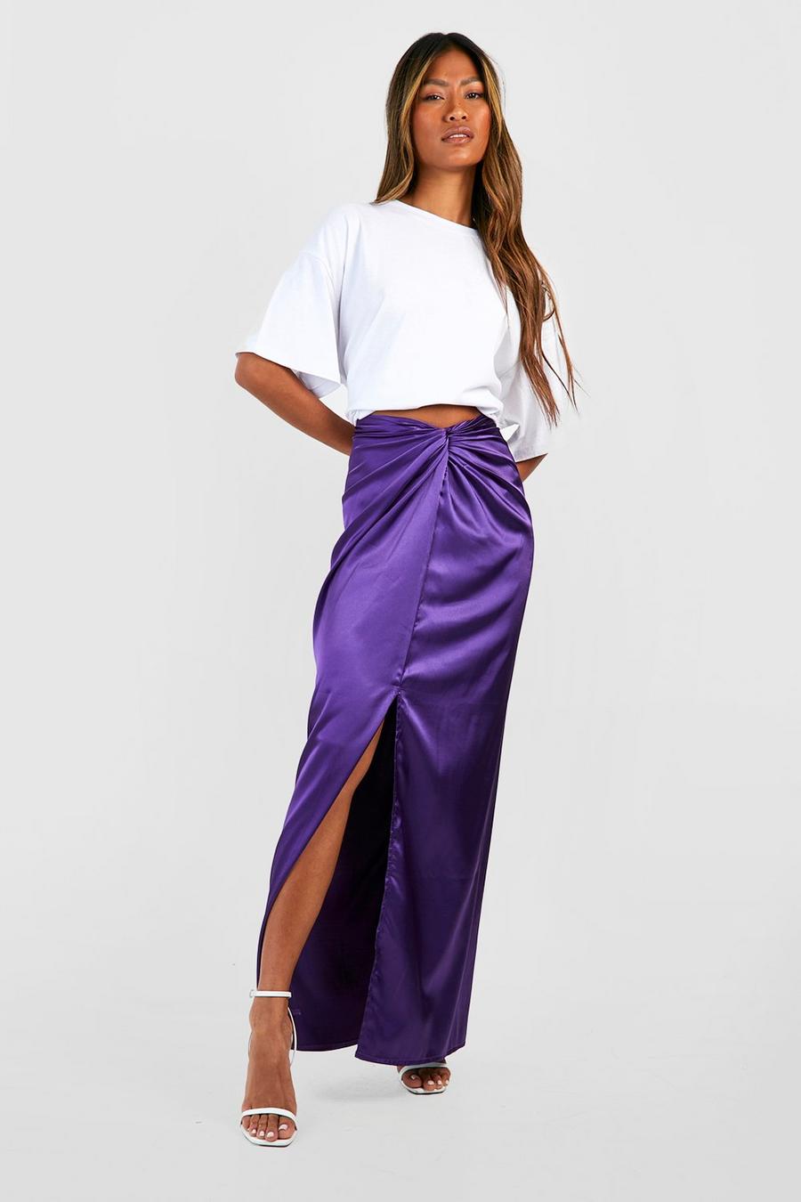 Purple Satin Bias Knotted Drape Maxi Skirt image number 1